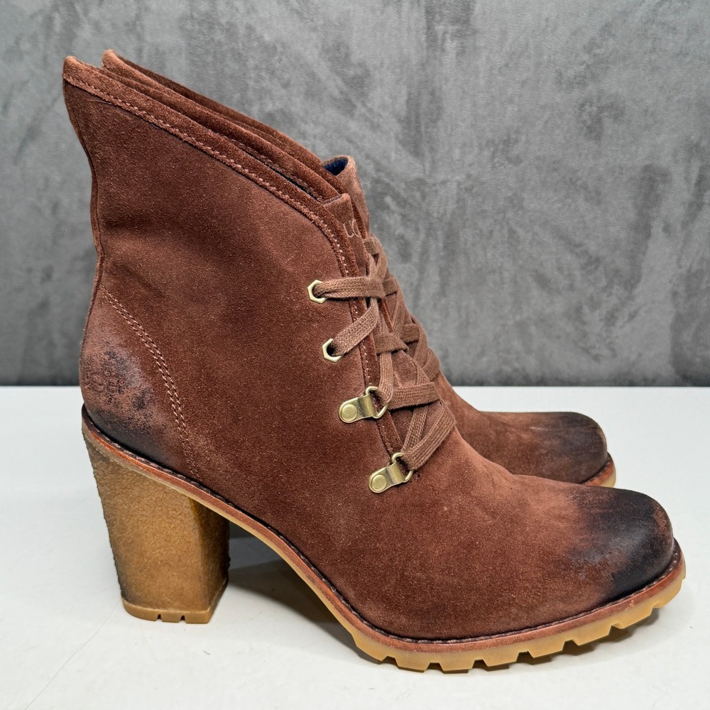 UGG Suede Lace Up Ankle Boots Women Brown Block Heel Burnished Toe Lug Sole